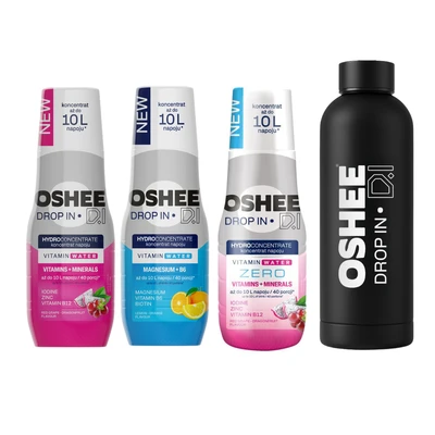 [Zestaw] OSHEE Drop In Hydrokoncentrat Witaminy i minerały 500 ml czerwone winogrono - smoczy owoc + OSHEE Drop In Hydrokoncentrat magnez + B6 500 ml pomarańcza - cytryna + OSHEE Drop In ZERO Witaminy i Minerały 500 ml + Butelka termiczna czarna 500 ml DROP IN