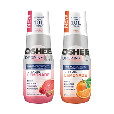[Zestaw] OSHEE Drop In Hydrokoncentrat Vitamin Lemonade malina grejpfrut 500 ml + OSHEE Drop In Hydrokoncentrat Vitamin Lemonade pomarańcza 500 ml
