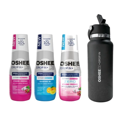 [Zestaw] OSHEE Drop In Hydrokoncentrat Witaminy i minerały 500 ml czerwone winogrono - smoczy owoc + OSHEE Drop In Hydrokoncentrat magnez + B6 500 ml pomarańcza - cytryna + OSHEE Drop In ZERO Hydrokoncentrat Witaminy i Minerały 500 ml