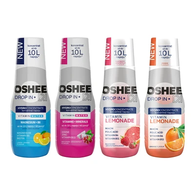 [Zestaw] OSHEE Drop In Hydrokoncentrat Witaminy i minerały 500 ml czerwone winogrono - smoczy owoc + OSHEE Drop In Hydrokoncentrat magnez + B6 500 ml pomarańcza - cytryna + OSHEE Drop In Hydrokoncentrat Vitamin Lemonade malina grejpfrut 500 ml + OSHEE Drop In Hydrokoncentrat Vitamin Lemonade pomarańcza 500 ml