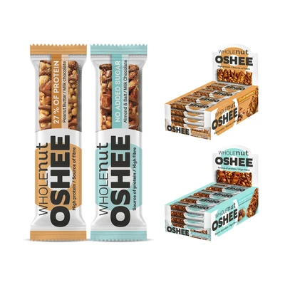 [Zestaw] OSHEE Wholenut baton z całymi orzechami masło orzechowe czekolada 40 g + OSHEE Wholenut baton z całymi orzechami migdał &amp; sól 40 g