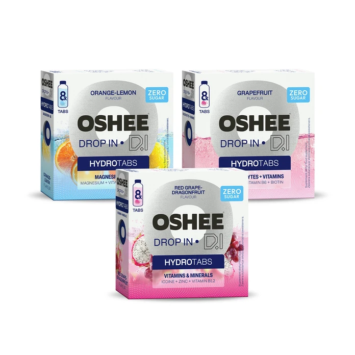 [Zestaw] OSHEE Drop in Hydrotabs Elektrolity + Witaminy Grapefruit 8 tabletek + OSHEE Drop in Hydrotabs Magnez + B6 cytryna pomarańcza 8 tabletek + OSHEE Drop in Hydrotabs Witaminy i Minerały winogrona - dragonfruit 8 tabletek