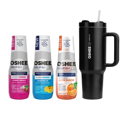 [Zestaw] OSHEE Drop In Hydrokoncentrat Witaminy i minerały 500 ml czerwone winogrono - smoczy owoc + OSHEE Drop In Hydrokoncentrat magnez + B6 500 ml pomarańcza - cytryna + OSHEE Drop In Hydrokoncentrat Lemonade pomarańcza 500 ml