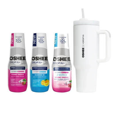 [Zestaw] OSHEE Drop In Hydrokoncentrat Witaminy i minerały 500 ml czerwone winogrono - smoczy owoc + OSHEE Drop In Hydrokoncentrat magnez + B6 500 ml pomarańcza - cytryna + OSHEE Drop In ZERO Hydrokoncentrat Witaminy i Minerały 500 ml